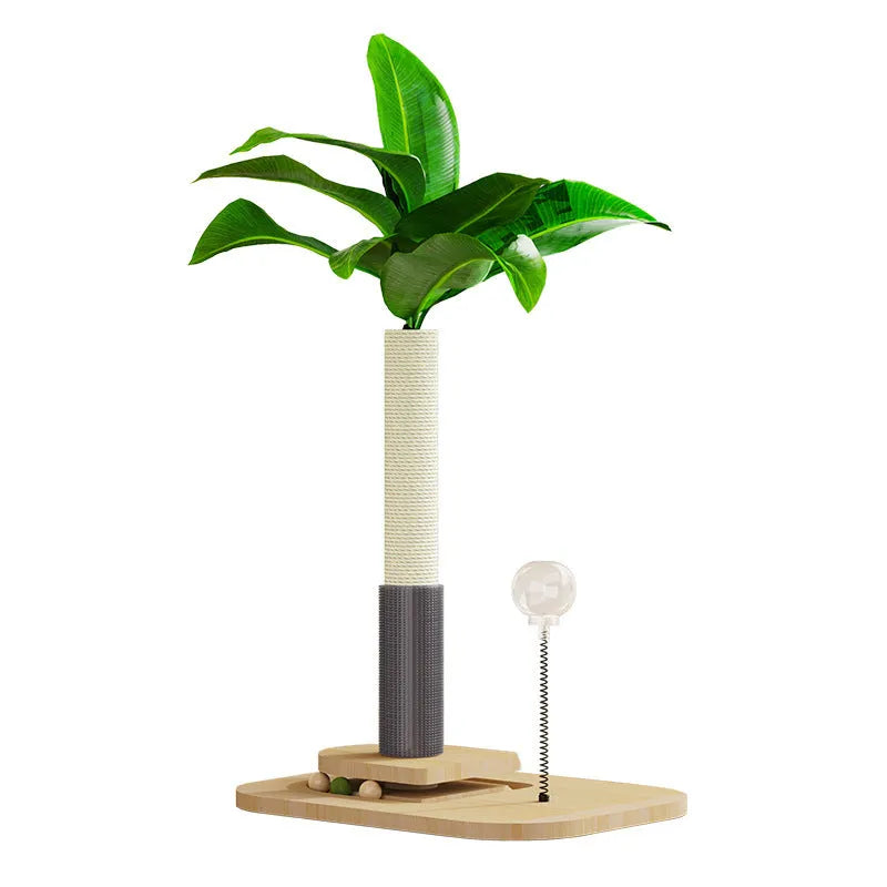 Wooden vertical cat scratching post with canna colour finish and food drop ball toy
