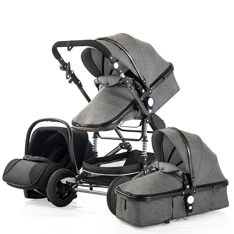3 in 1 baby stroller with aluminium frame, large breathable mesh bassinet, UV canopy, and swivel wheels