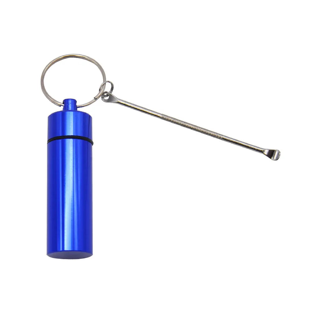 Aluminium portable pill storage bottle with keychain and small spoon in multiple colour options.