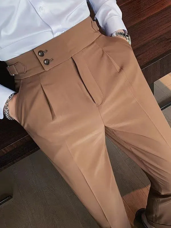 Women's high waist straight leg trousers in a cotton blend fabric, shown in autumnal colours.