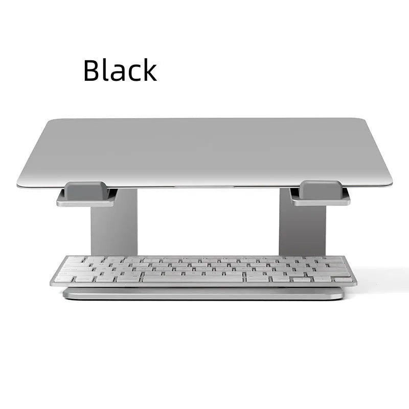 Black aluminium laptop stand with angled platform on a wooden desk