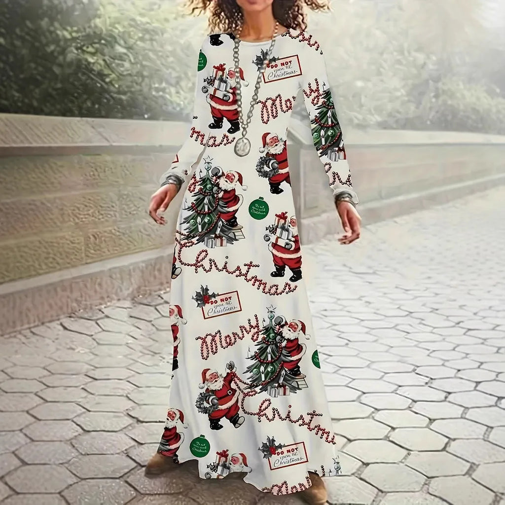 Santa Claus printed long sleeve polyester dress with leather stitching, black colour, front view