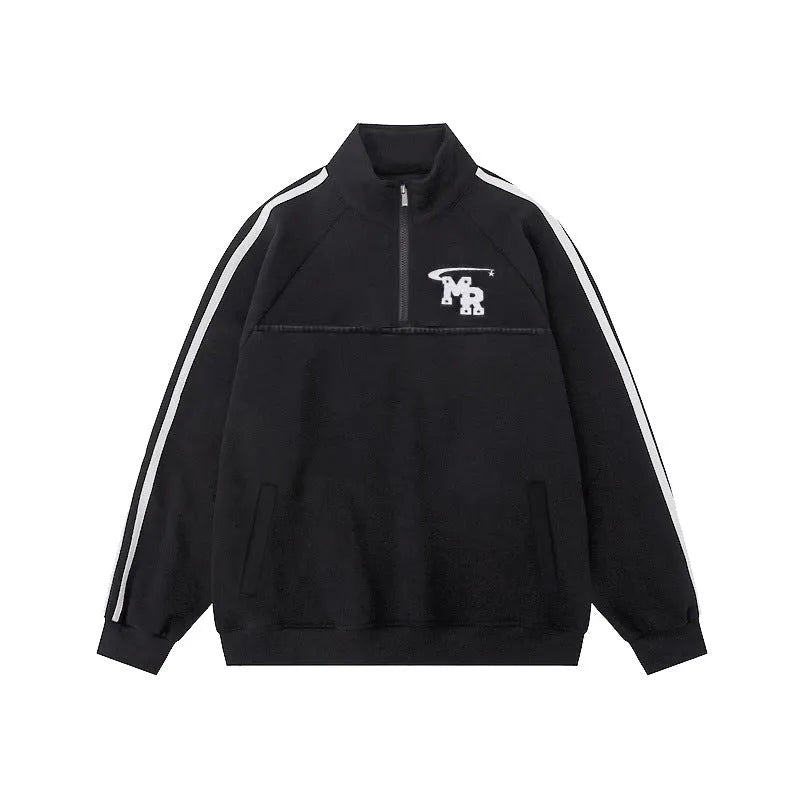 Black retro sports hoodie with stand collar in Hong Kong style design