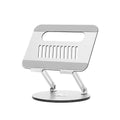 Silver aluminium alloy laptop stand with height adjustment and foldable design on desktop