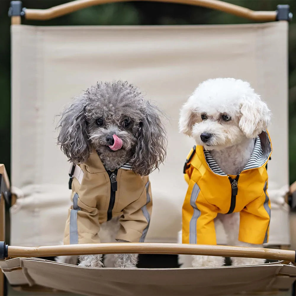 Pet waterproof raincoat in khaki with reflective details, polyester fabric, sized for dogs XS to 2XL