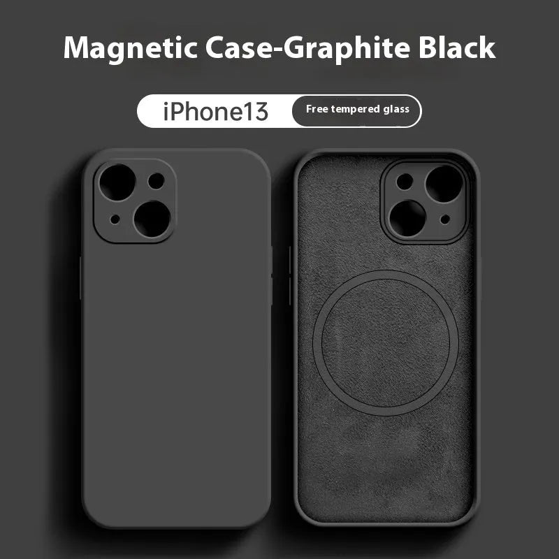 Liquid silicone magnetic phone case in solid colour compatible with iPhone 12 and 13 series