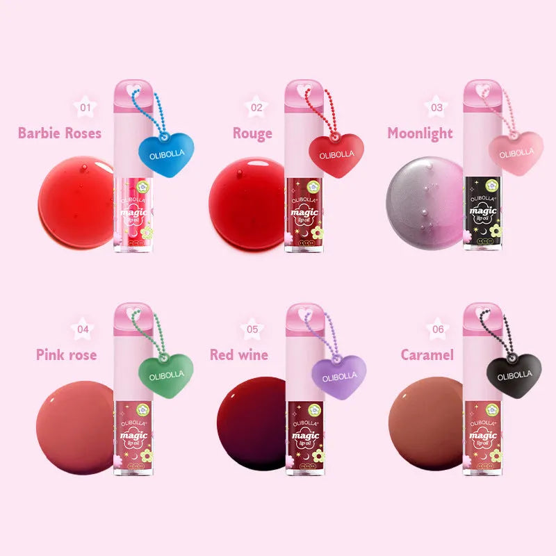 Temperature sensitive colour change lip gloss in six shades 01 to 06, moisturising lip oil in tube packaging