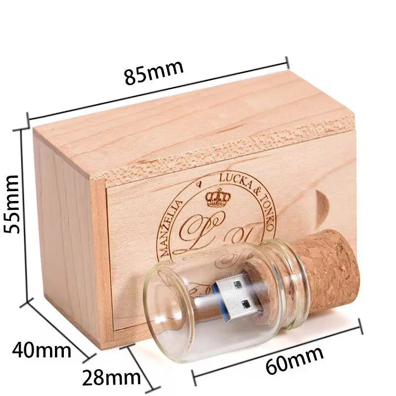 Wooden wish drift bottle USB flash drive with transparent casing showing decorative elements inside