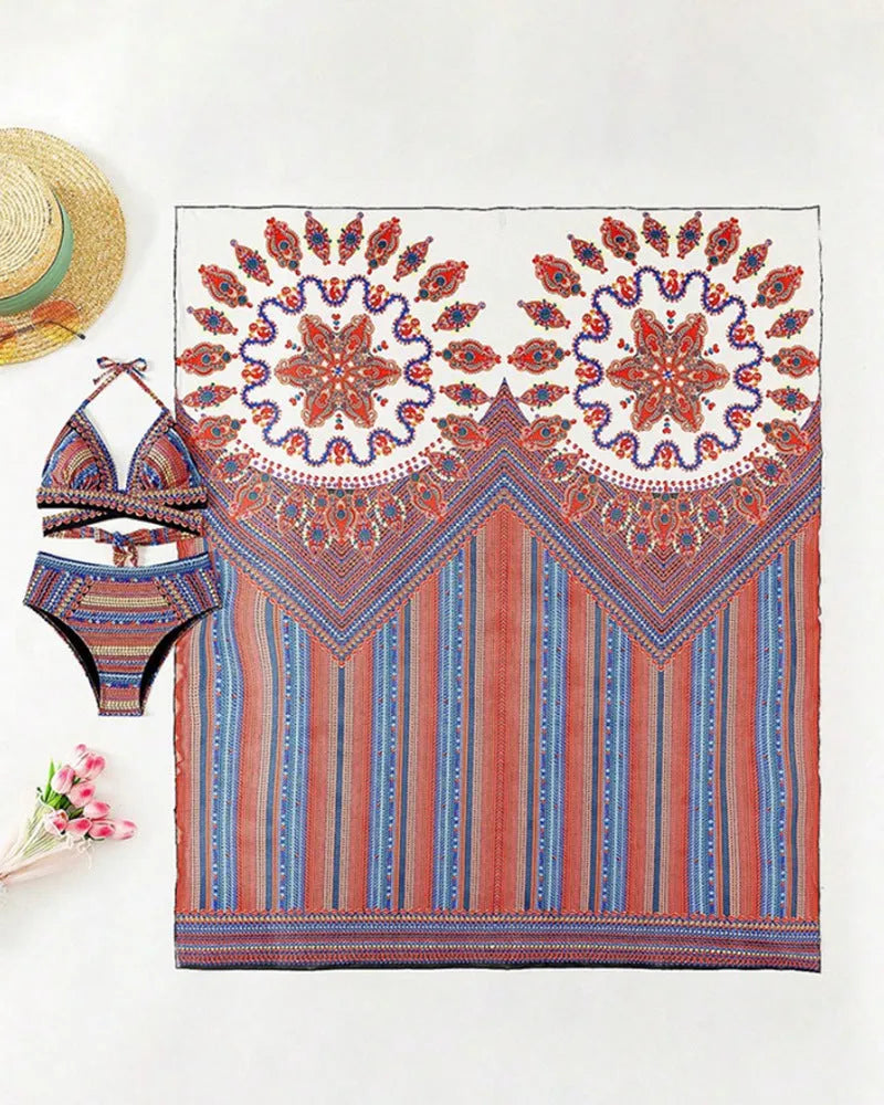 Women's three-piece polyester swimsuit set with cutout top, high-waist briefs, and a coat in picture colour.