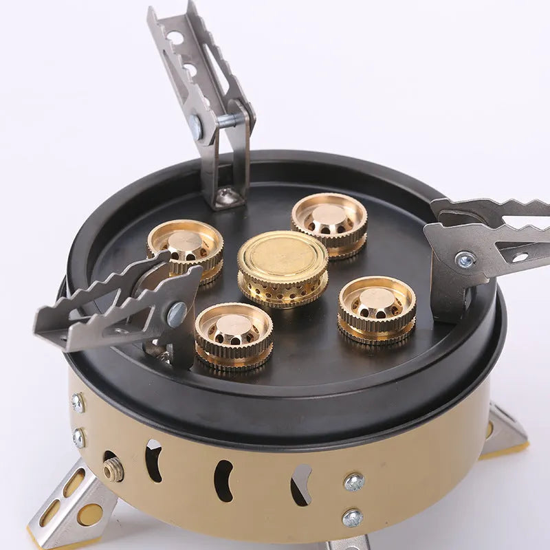 Portable windproof camping gas stove in dark khaki with cloth bag, 11000 power butane fuel, 1 kg weight