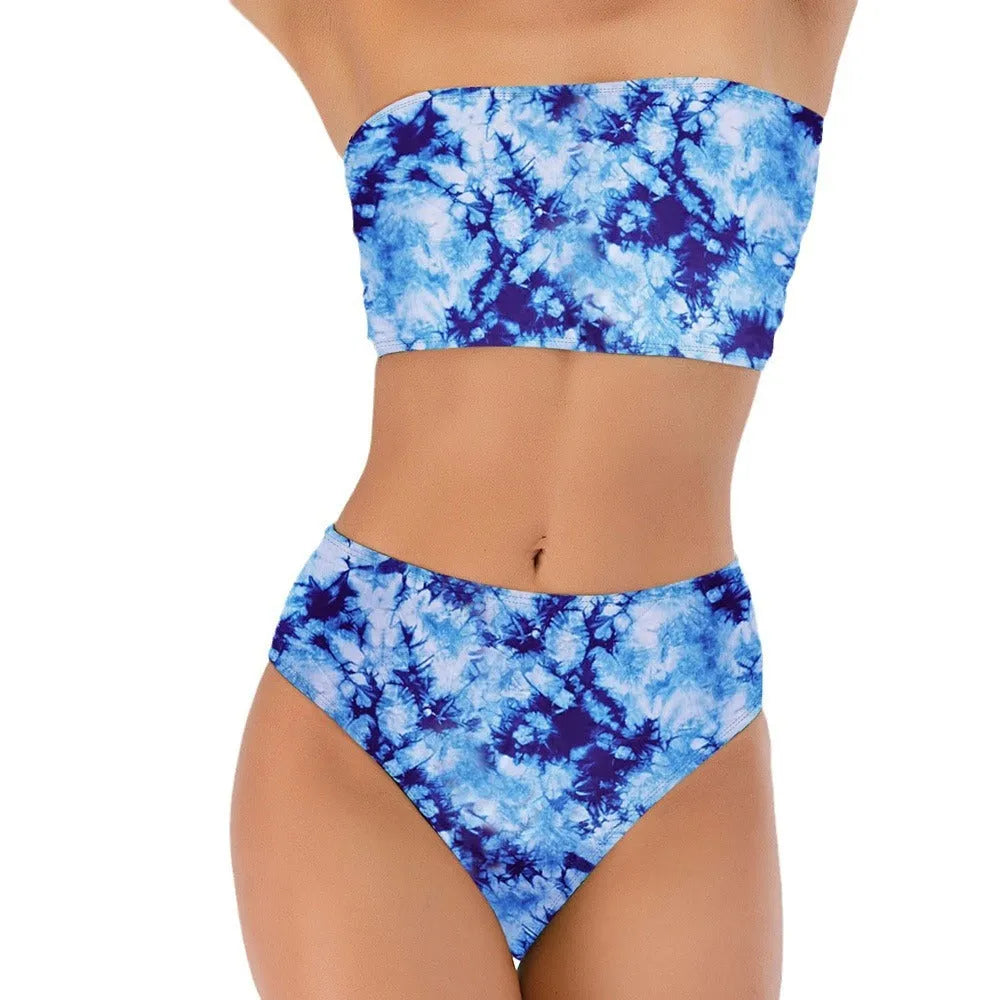 Tube top high waist split bikini set, leopard print, polyester lining, quick-drying swimwear