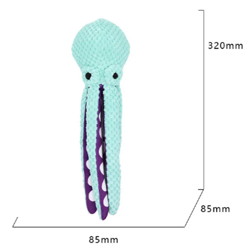 Blue octopus plush dog chew toy with six legs and squeaker for interactive play