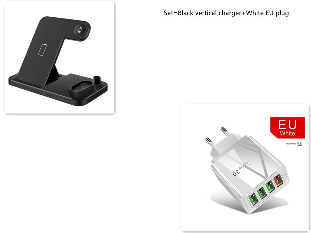 4-in-1 wireless charging station with phone, Apple Watch, and AirPods on adjustable magnetic stand