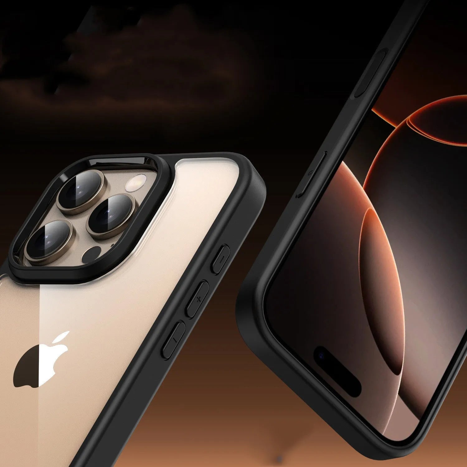 Clear black magnetic protective case for iPhone 16 Pro Max showing transparent back and camera cutout.
