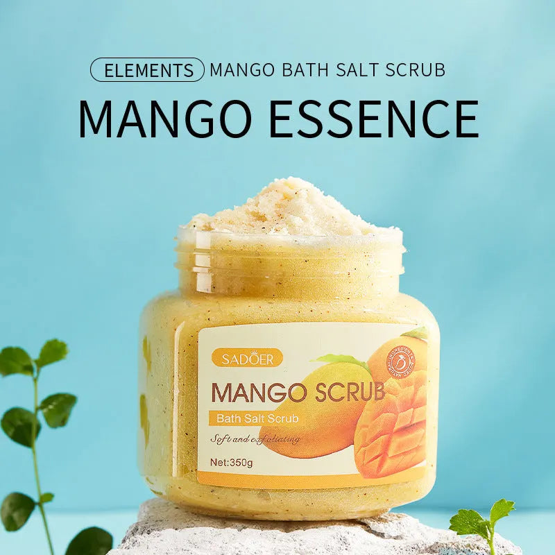 Fruit bath salt scrub cream in 350g tub with four scent options: shea butter, mango, blueberry, and avocado