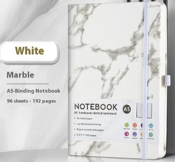 A5 office diary with hand skin feeling PU leather cover and strap closure, open to show horizontal line pages.