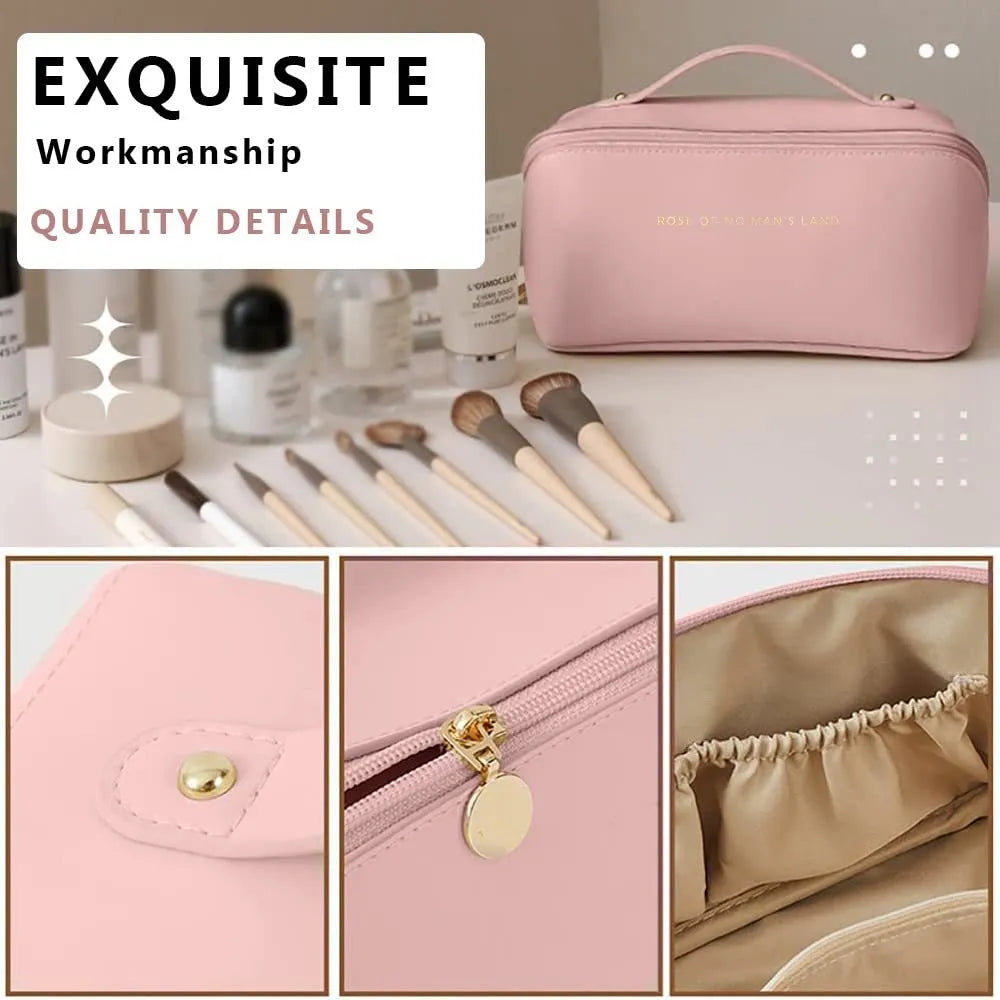 PU leather travel cosmetic bag with steel wire opening, 23.5x11x10.5cm, in rose pink.