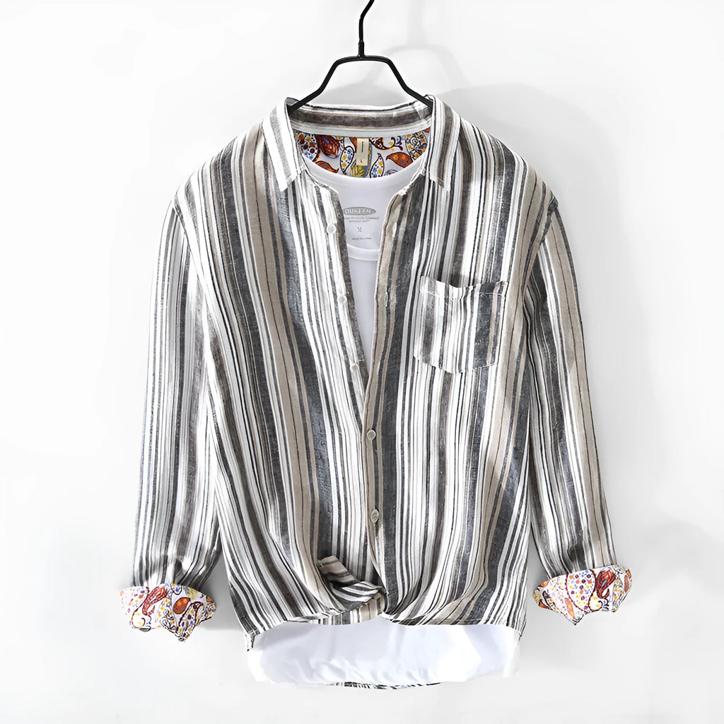 Men's striped linen shirt in loose fit with long sleeves, shown in red or grey colour options