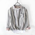 Men's striped linen shirt in loose fit with long sleeves, shown in red or grey colour options