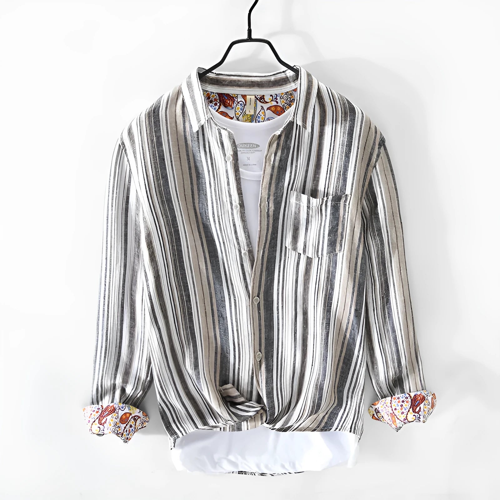 Men's striped linen shirt in loose fit with long sleeves, shown in red or grey colour options