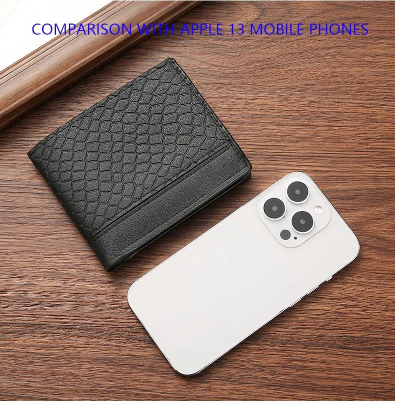 Men's short PU leather wallet with embossed snakeskin geometric pattern in black, brown or coffee