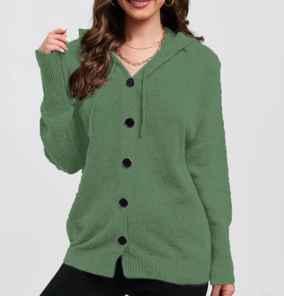 Women's thick cotton hooded cardigan sweater in army green colour showing loose fit and single-breasted design