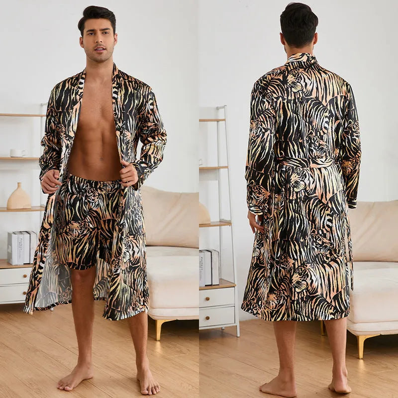 Men's tiger pattern long-sleeve bathrobe and matching shorts set on a hanger
