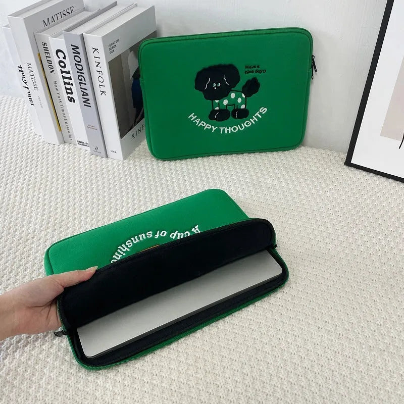 Cute laptop inner bag with animal pattern, green cat design, polyester material, anti-fall shockproof, fits 13.3-15.6 inch notebooks
