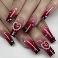 Wine red plaid false nail tips with pearl heart gradient, includes jelly glue and rubbing clause
