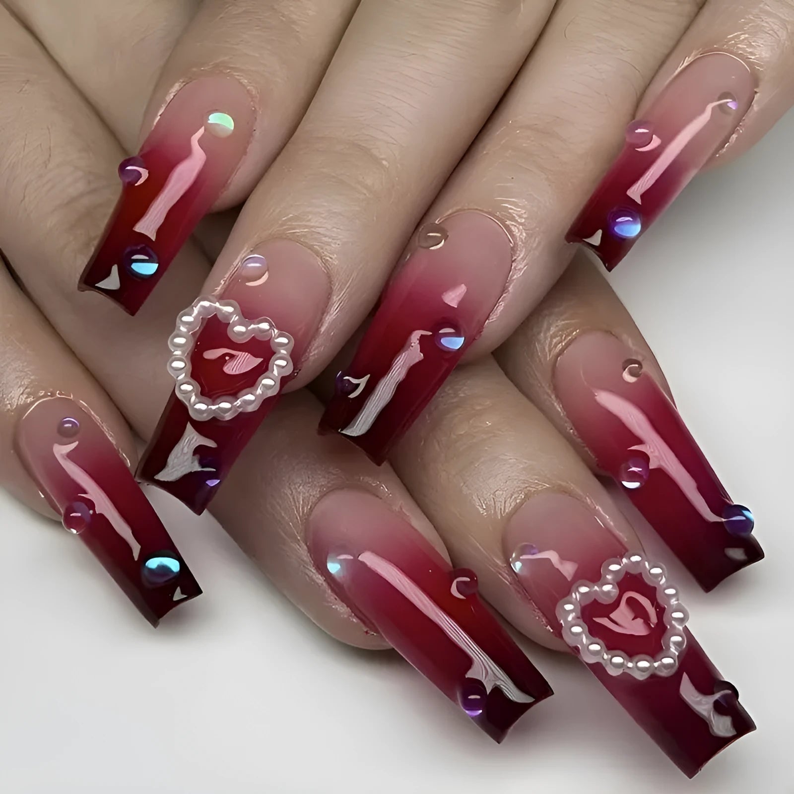 Wine red plaid false nail tips with pearl heart gradient, includes jelly glue and rubbing clause