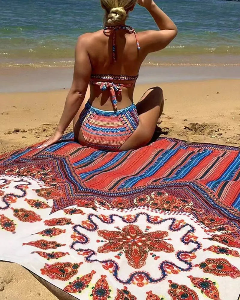 Women's three-piece polyester swimsuit set with cutout top, high-waist briefs, and a coat in picture colour.