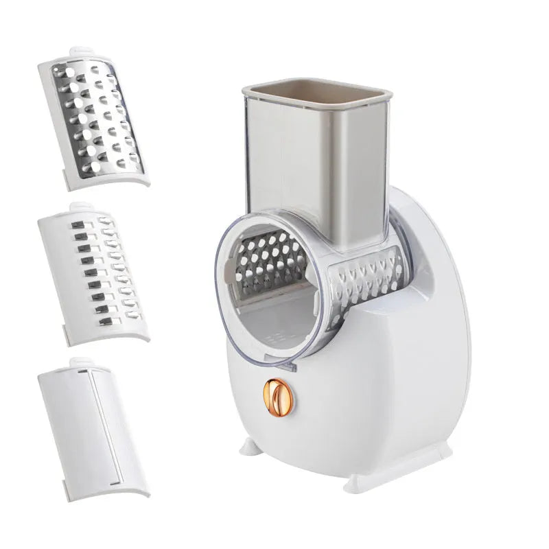 White electric vegetable slicer with rotary grater, strong suction base, and multiple blade attachments
