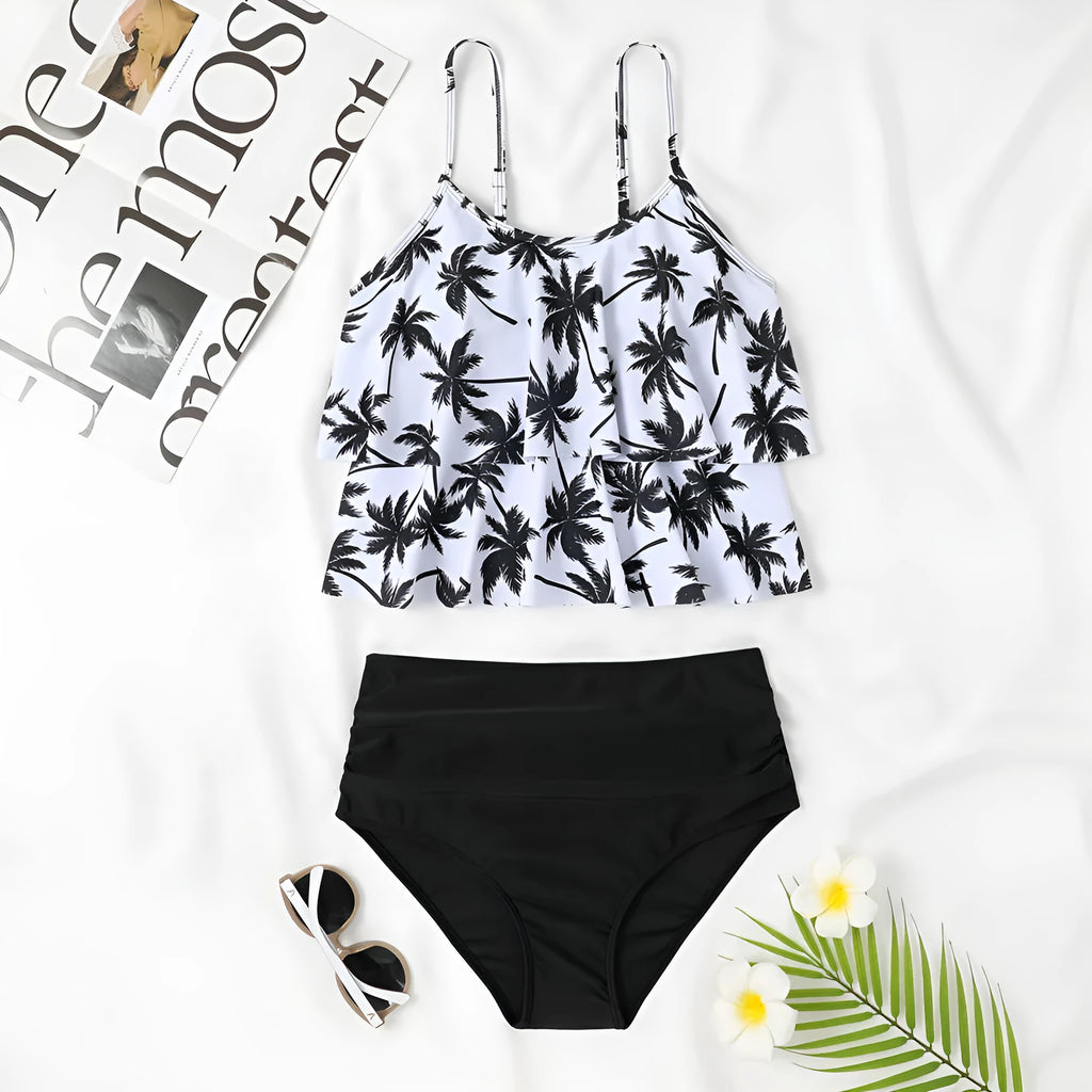 Women's high waist double-layer swimsuit in black or coconut tree print for swimming activities