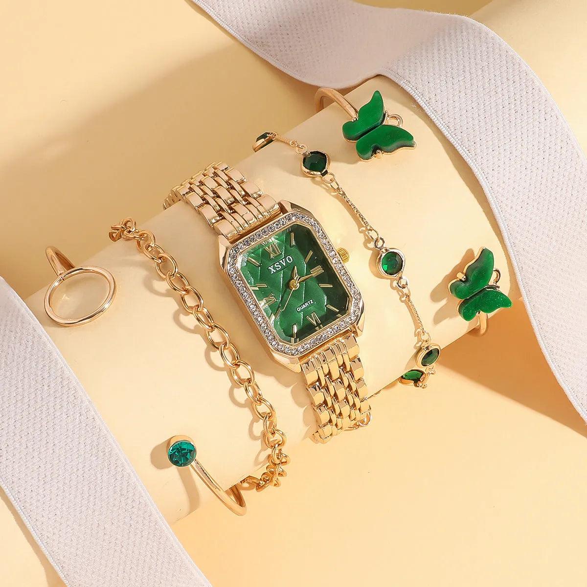 Gold green square watch and four matching bracelets jewellery set with 25mm dial