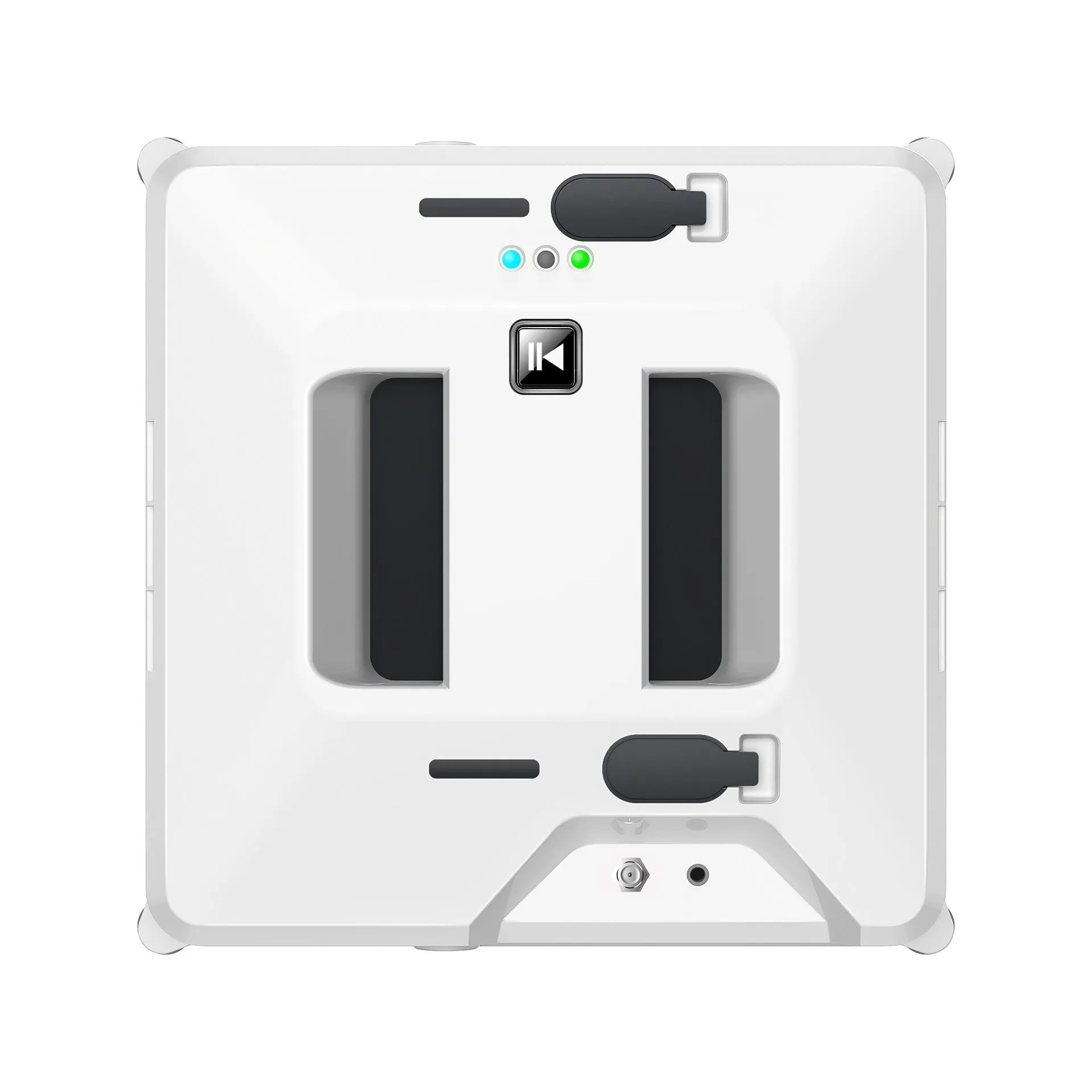 White intelligent small window cleaner robot on smooth indoor glass surface with plastic body