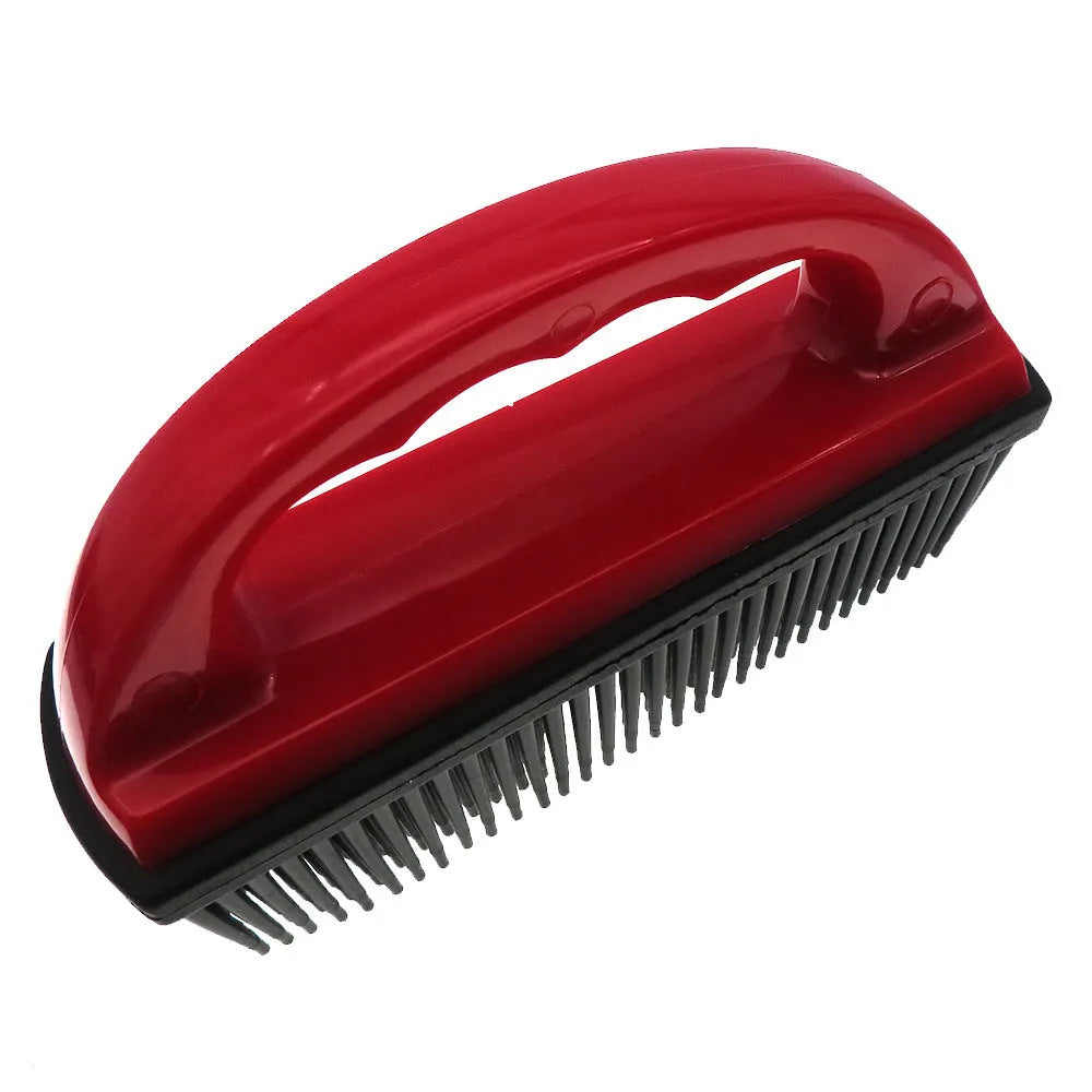 Red pet hair removal brush with rectangular rubber bristle head for grooming and carpet cleaning