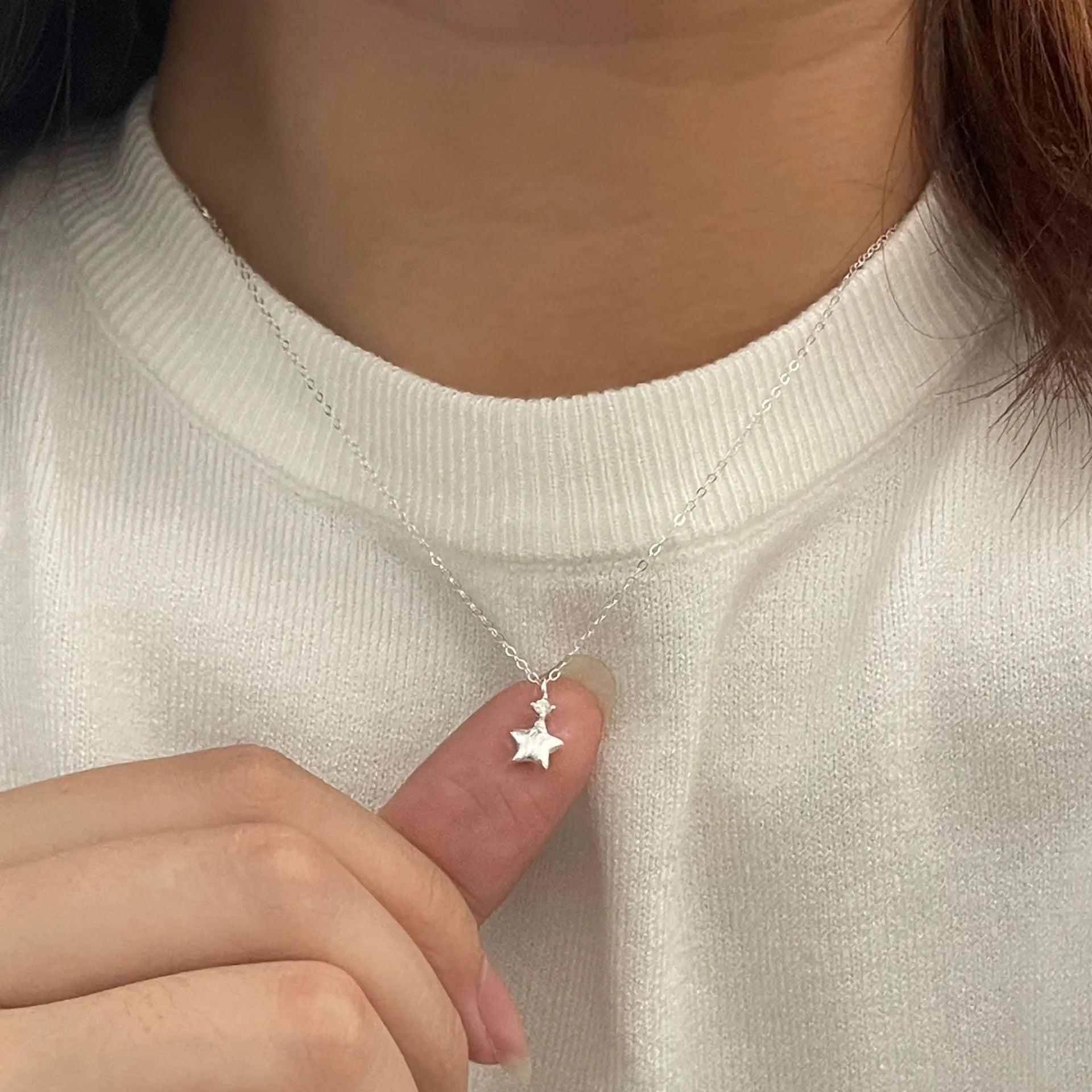 S925 sterling silver star zirconium pendant necklace brushed finish plain silver option women jewellery