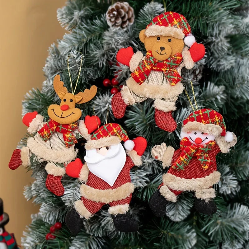 Christmas tree ornaments set with Santa, snowman, reindeer and bear figures in red and white scarves, golden balls and red bows.