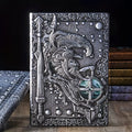 Handmade leather A5 notebook with embossed 3D warriors relief design on the cover.