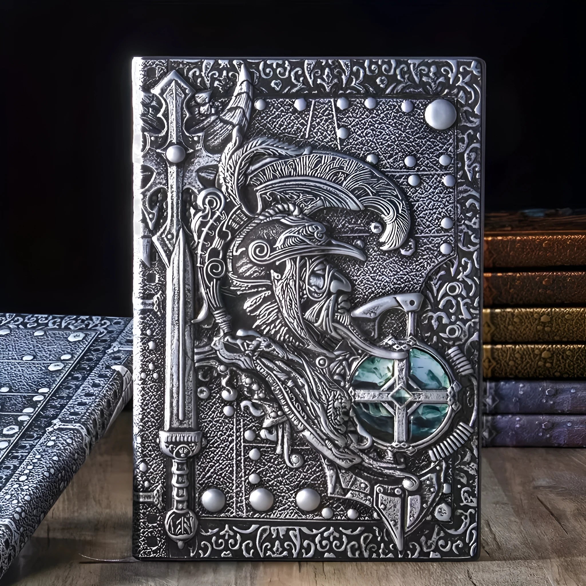 Handmade leather A5 notebook with embossed 3D warriors relief design on the cover.