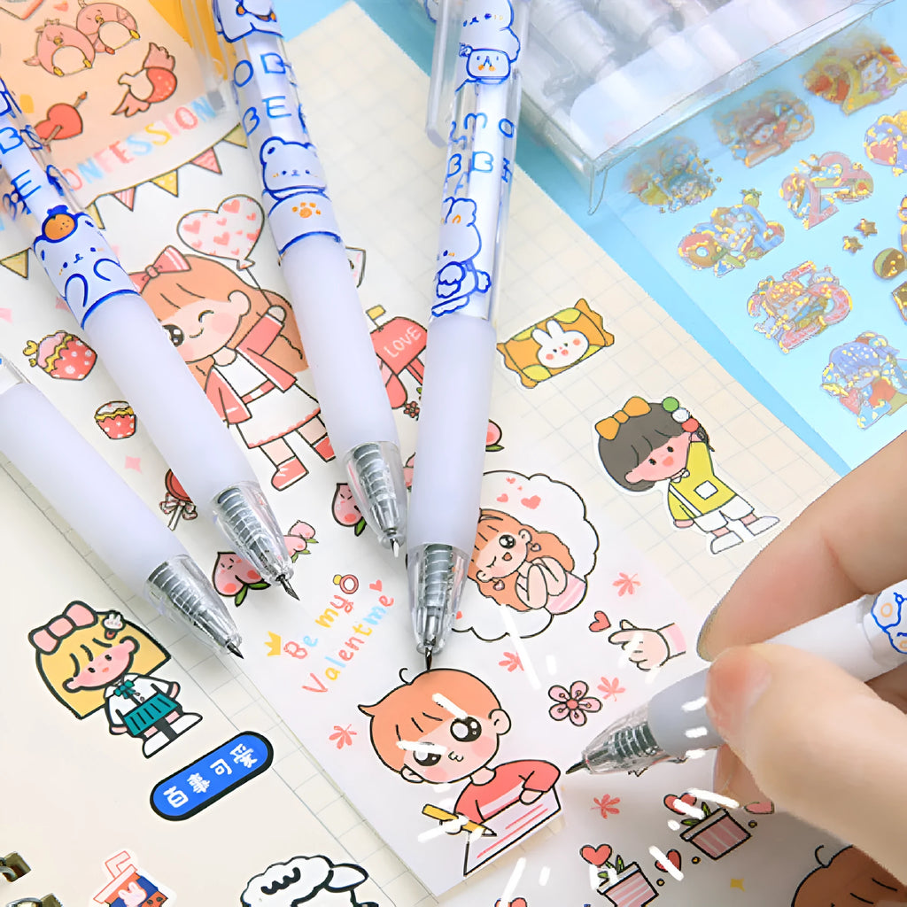 Six animal-themed press pen knives showing orange bear, doll bear, gourmet bear, and rabbit designs