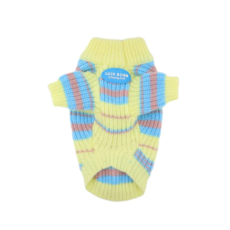Blue and yellow striped wool dog sweater for small breed dogs in casual winter style