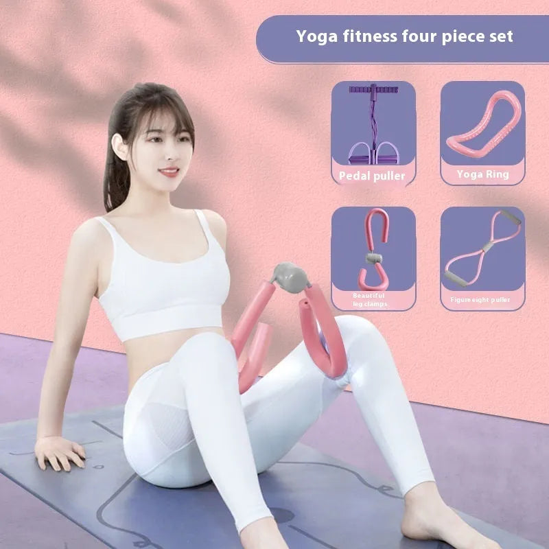 Yoga four piece set showing leg stretcher, yoga ring, pedal tension device and figure eight rope