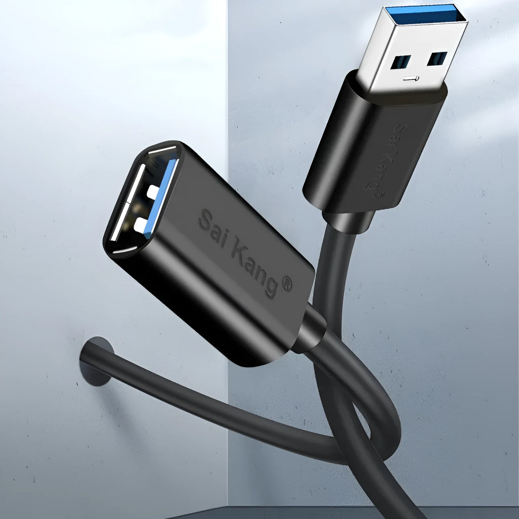 Black USB 3.0 and 2.0 male to female extension cable showing connector details and length options