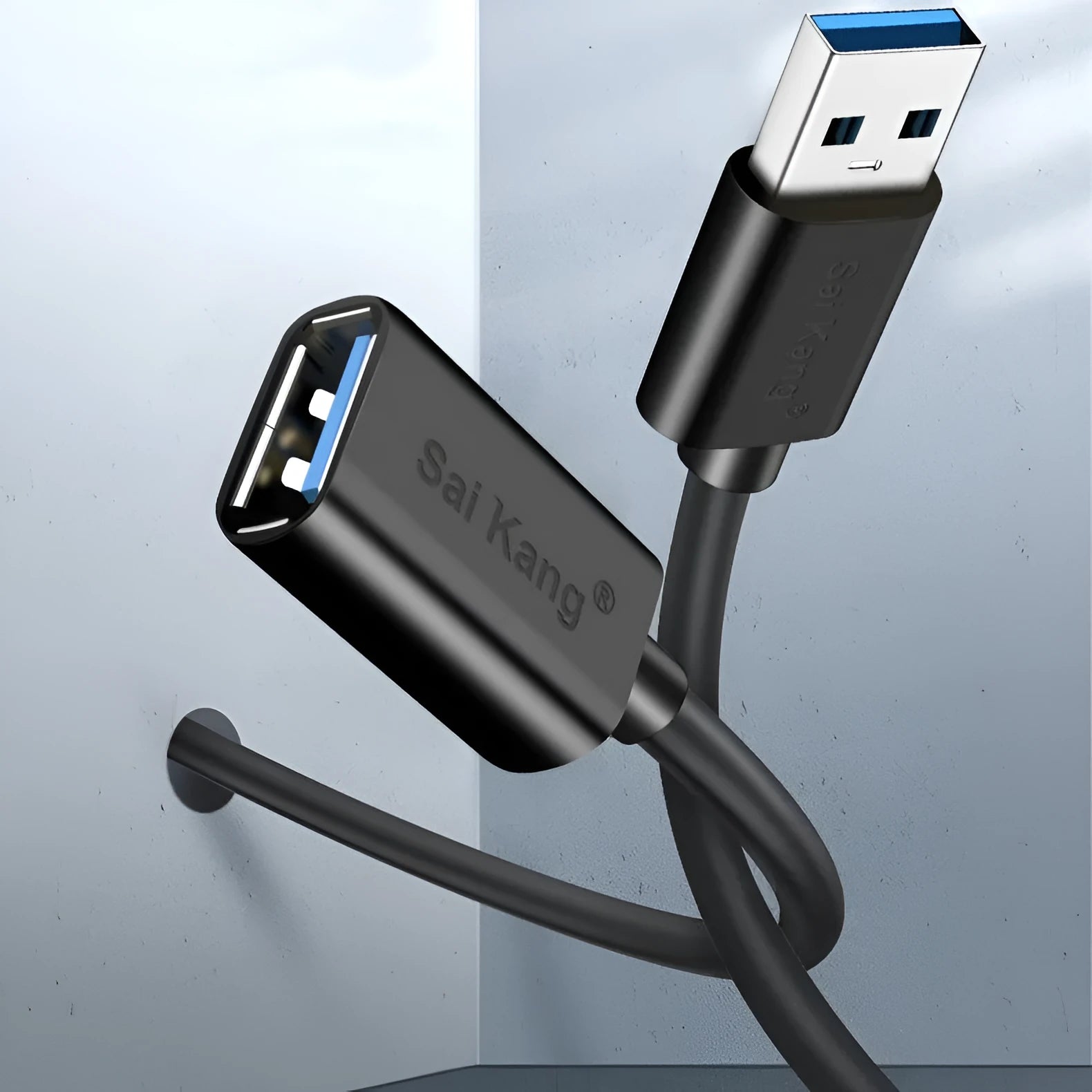 Black USB 3.0 and 2.0 male to female extension cable showing connector details and length options