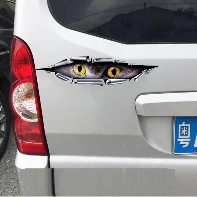 3D tiger eye car door sticker on vehicle showing transparent PVC adhesive and 10x35cm dimensions