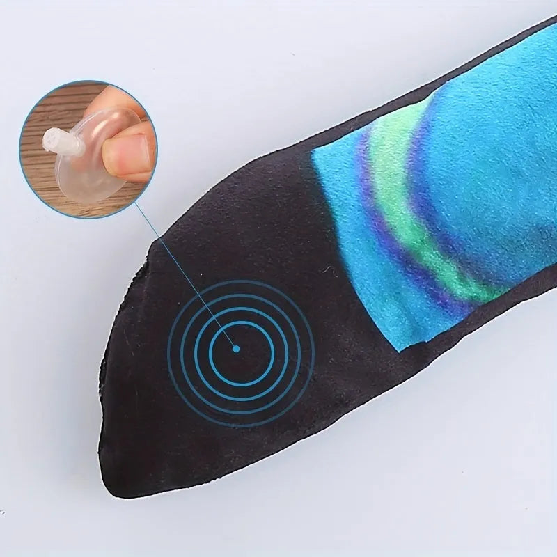 Snake-shaped plush dog squeak toy with printed stripes in multiple colour options