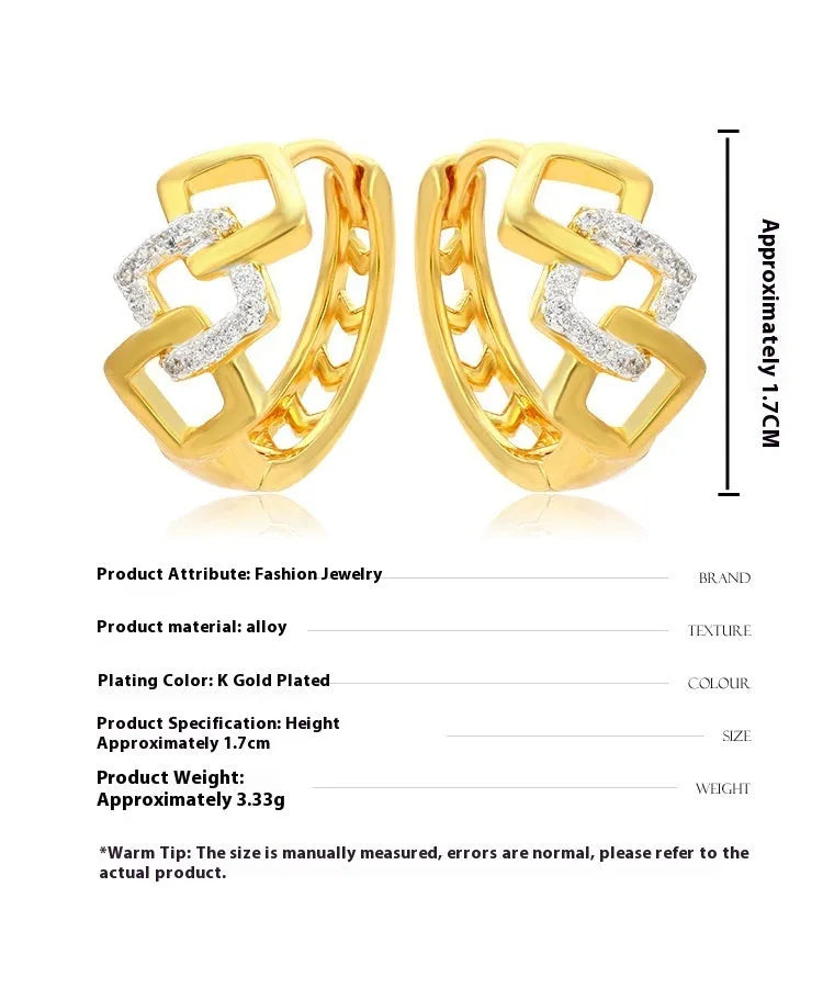 Geometric hollow-out gold earrings with colour separation style and electroplated alloy construction