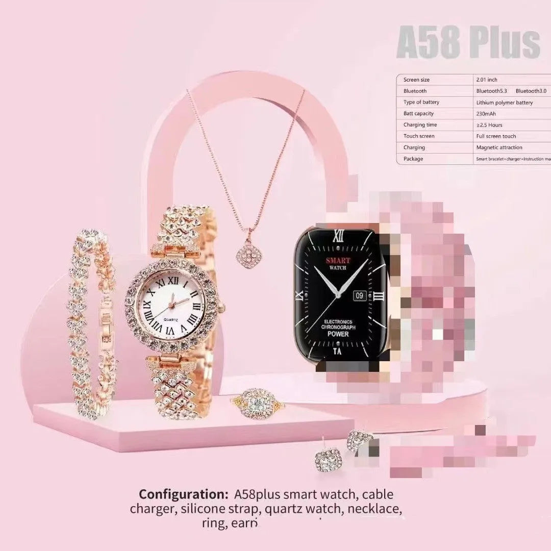 A58plus and A59plus smart watches in multiple colours showing Bluetooth calling function and complete bundle contents