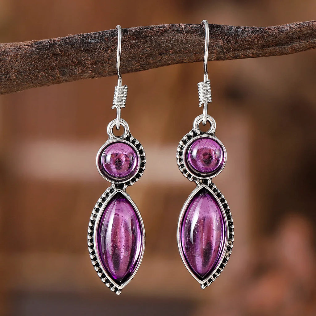 Geometric zinc alloy drop earrings with electroplated black and purple finish, retro bohemian style.